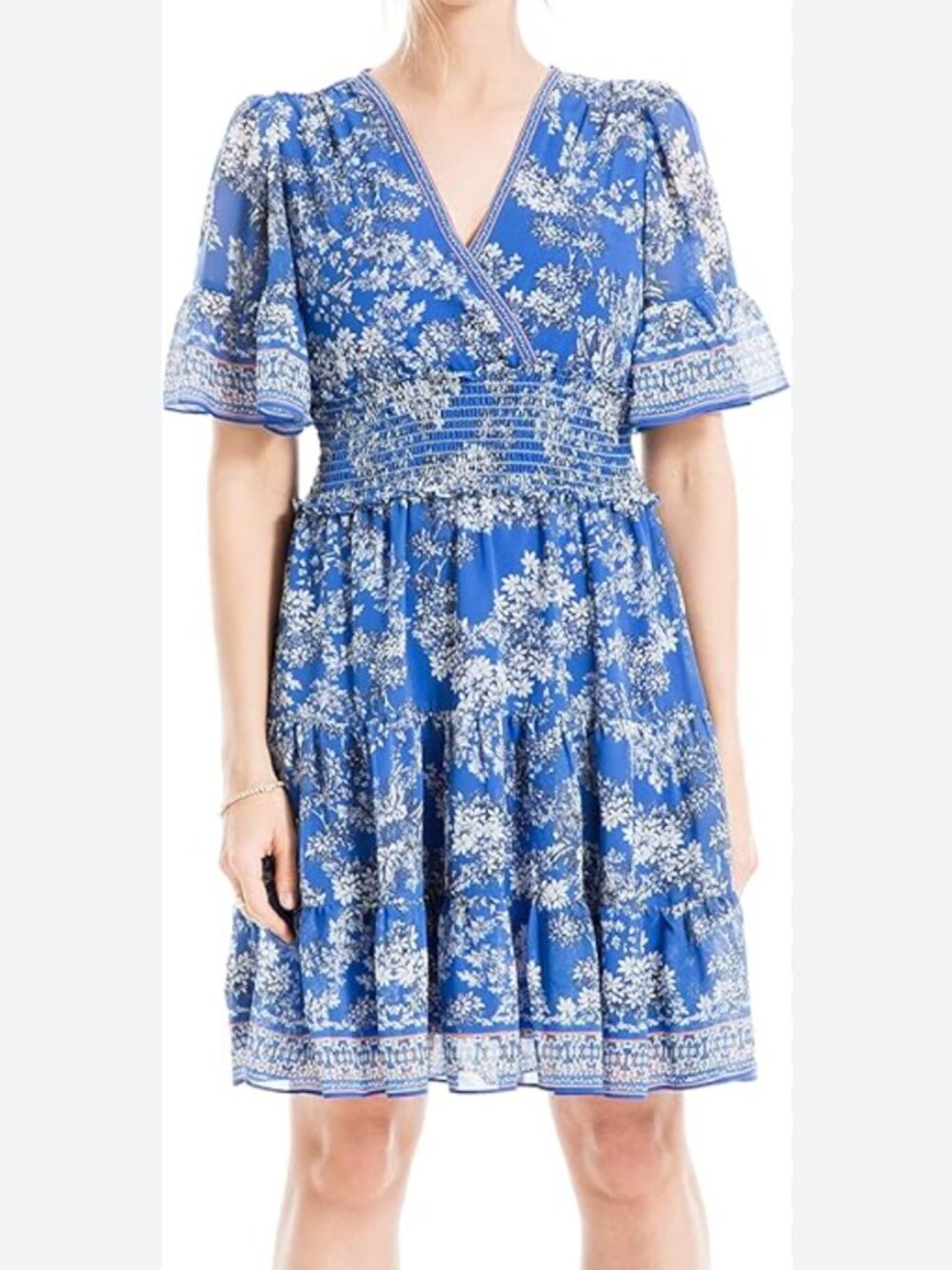 Max Studio Dress Large Blue Floral Tiered Smocked Boho V Neck Summer Girly